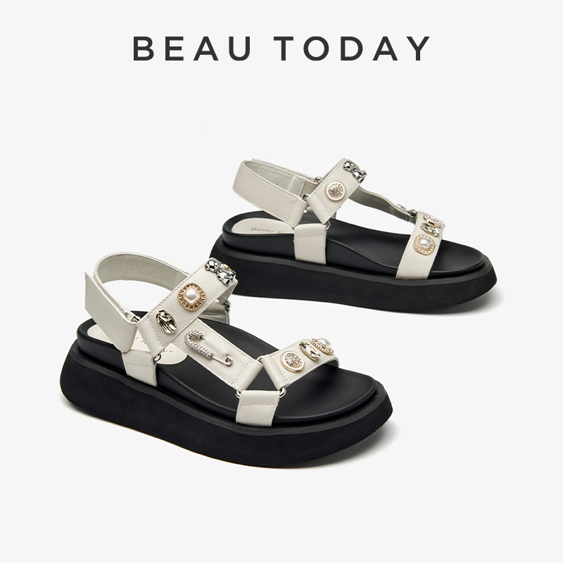 BEAUTODAY Appliques Sandals Women Genuine Cow Leather Front & Rear Strap Hook & Loop Novelty Summer Ladies Shoes Handmade 34583