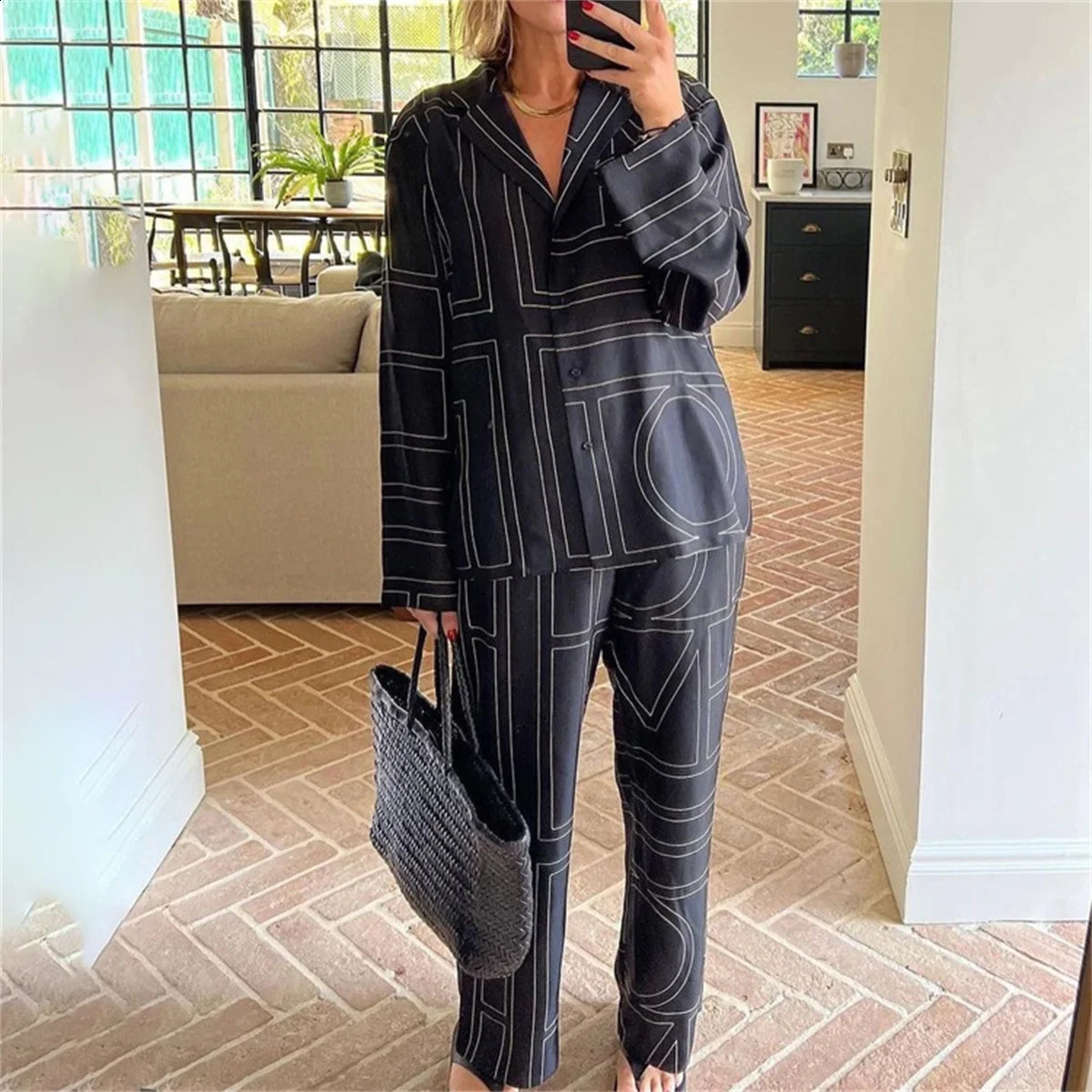 Fashion Letter Printing Pants Suit Loose Turn Down Collar Shirts Wide Leg Pant Sets 2024 Casual Autumn Summer 2 Piece Set In 240829