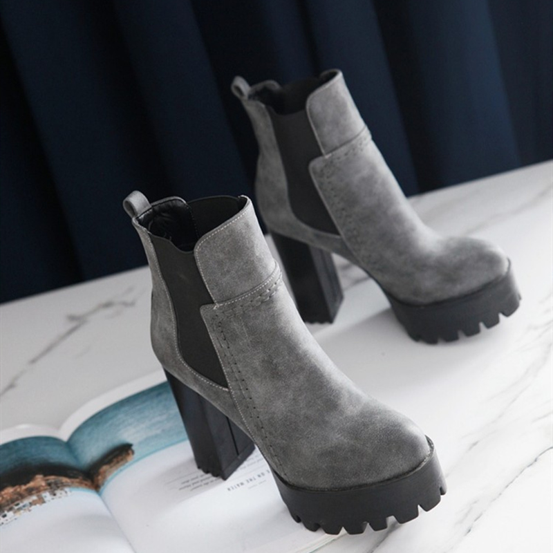 Ankle Fashion Boots For Women Platform Round Toe High Heels Short Boot Female Punk PU Grey Brown Vintage Autumn Winter Shoes 7a85
