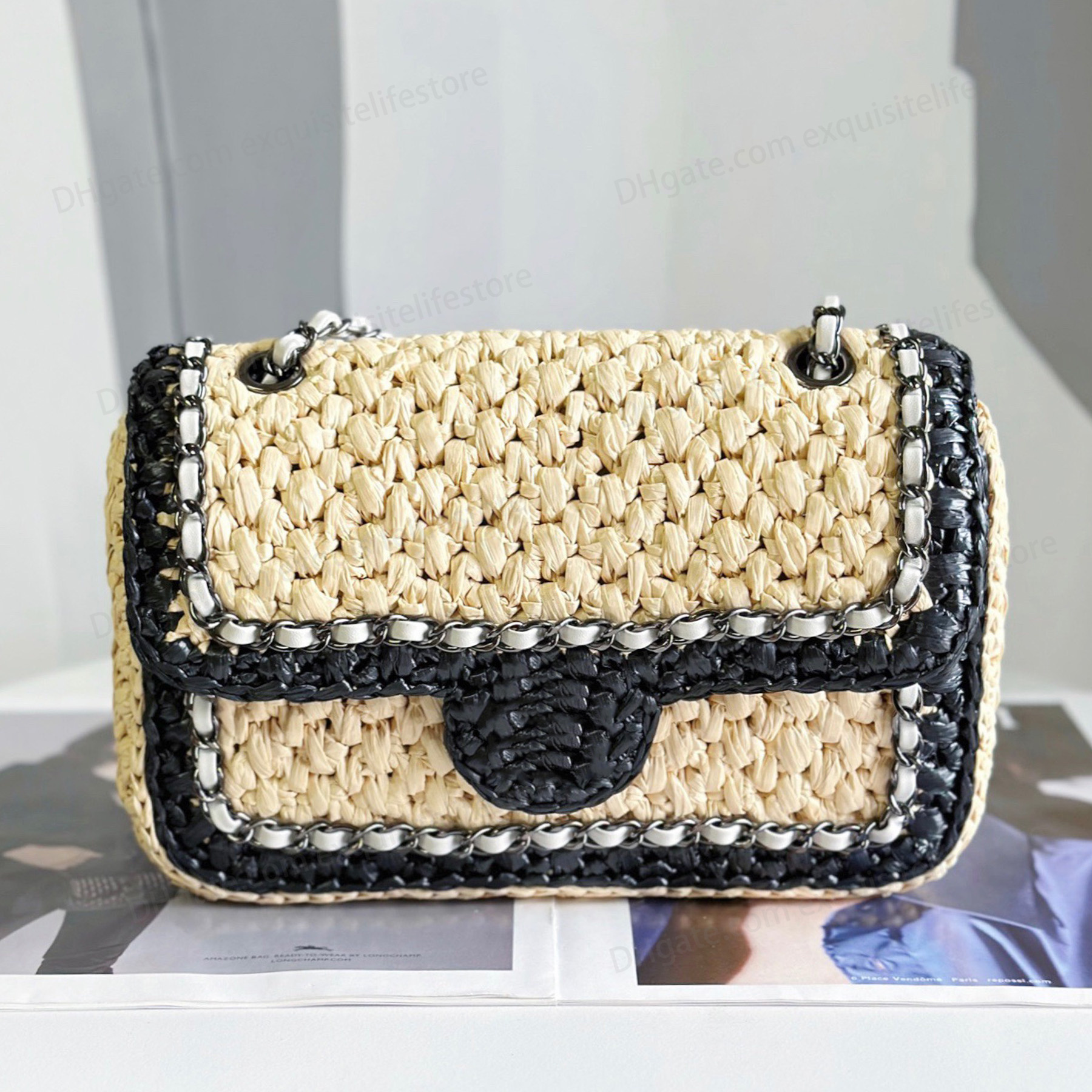 10A High Quality Fashion Women's Casual Shopping Holiday Handbag Braided Chain Shoulder Bag Designer Straw Flap Crossbody Bag Silver Metal Messenger Bag