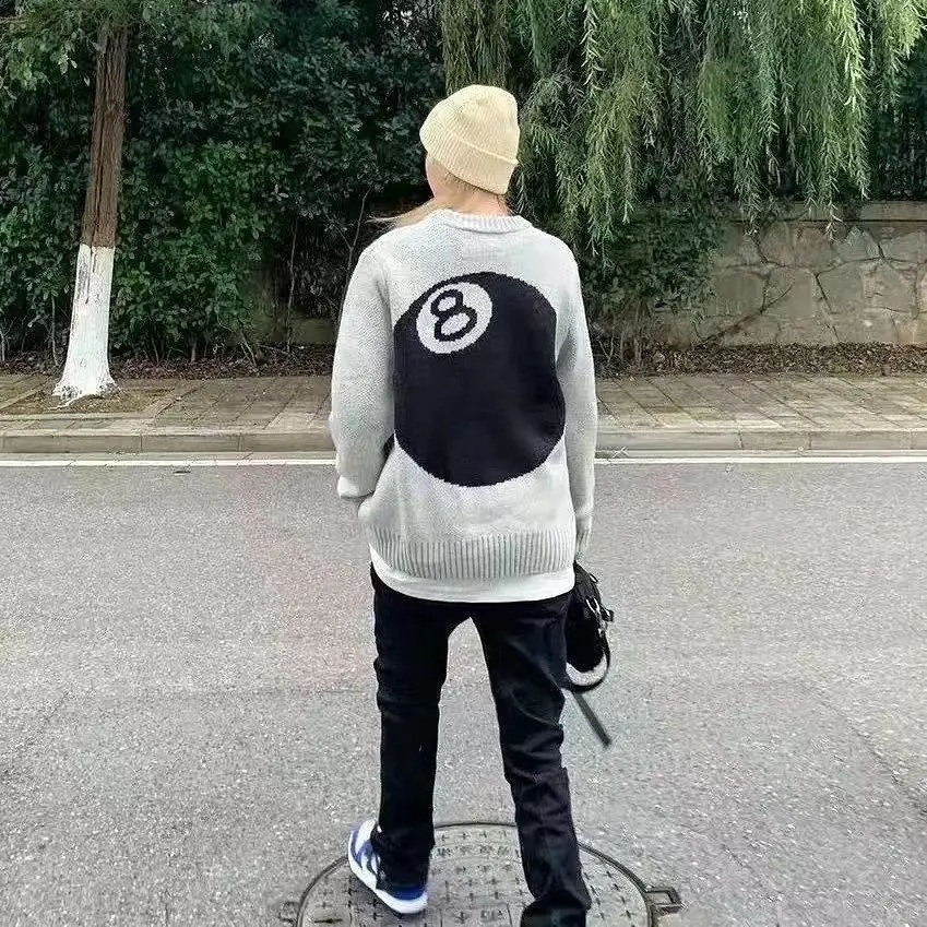 Black Eight Billiards Sweater Mens High Street Pullover American Knitted Sweater Lazy Knitted Couple Clothing 240829