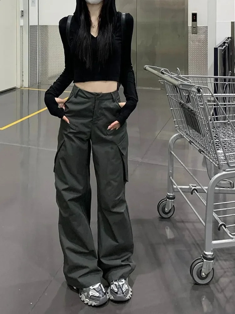 HOUZHOU Womens Freight Pants Grey Retro Y2K Luggage Korean High Waist Trouser Techwear Aesthetic Female Streetwear Hippie 240827