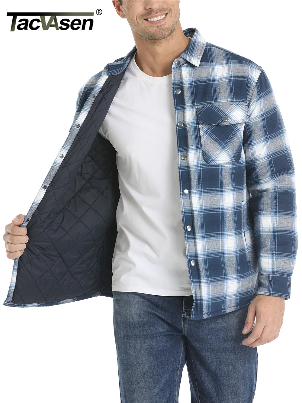 TACVASEN Winter Plaid Cotton Jackets Mens Long Sleeve Quilted Lined Flannel Shirt Jacket Multi-Pockets Outwear Hiking Coats Tops 240829