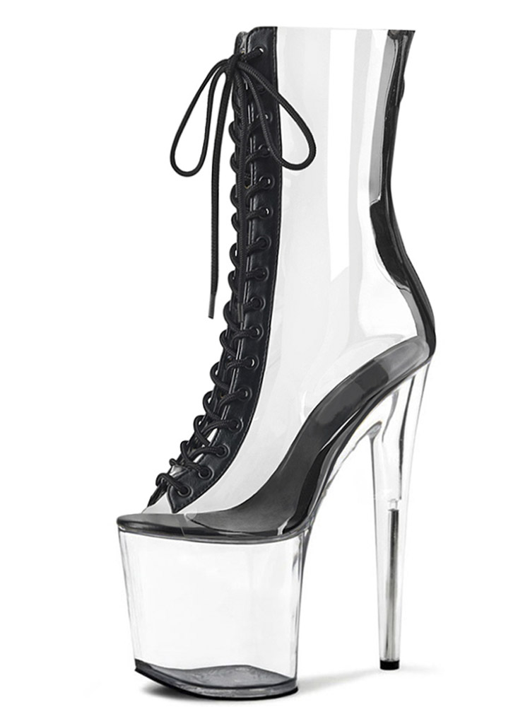 Black Patent Leather Ankle Strap Summer Andals Low Tube Women Boots 20CM High Heeled Shoes Paint Pole Dancing Stripper 8inch