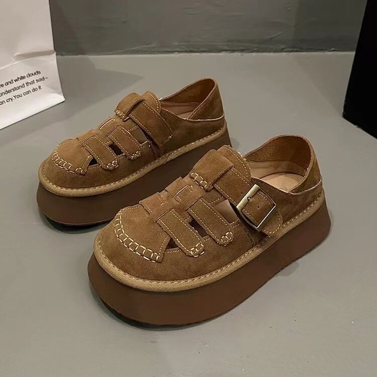 Retro Shoe Hollow-out Round Head Deep Mouth Single Shoe Women 2024 New Spring Platform Slip-on Bao Head Sandals Womens Shoes
