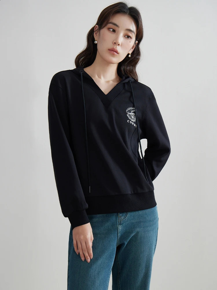 DUSHU Vneck hooded collar n cotton black commuting sweatshirt spring lightweight straight sleeved 240827
