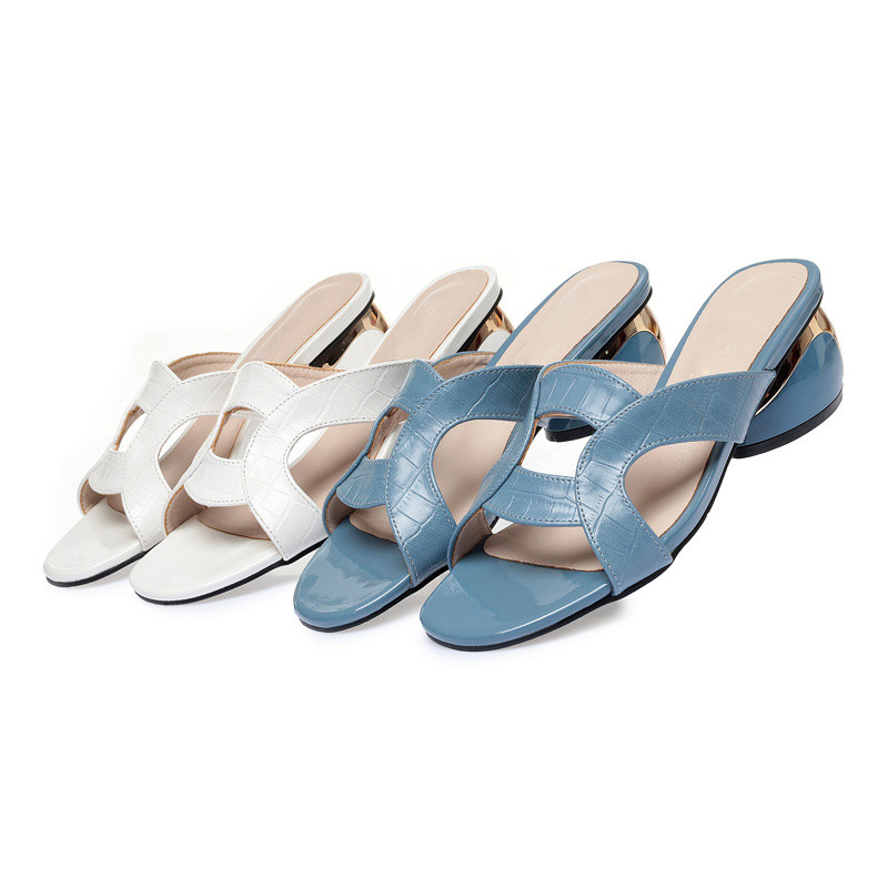 AIYUQI Women's Slides Summer Genuine Leather Fashion Women's Slippers Open Toe Mid-heel Thick-heel Slippers Ladies Shoes
