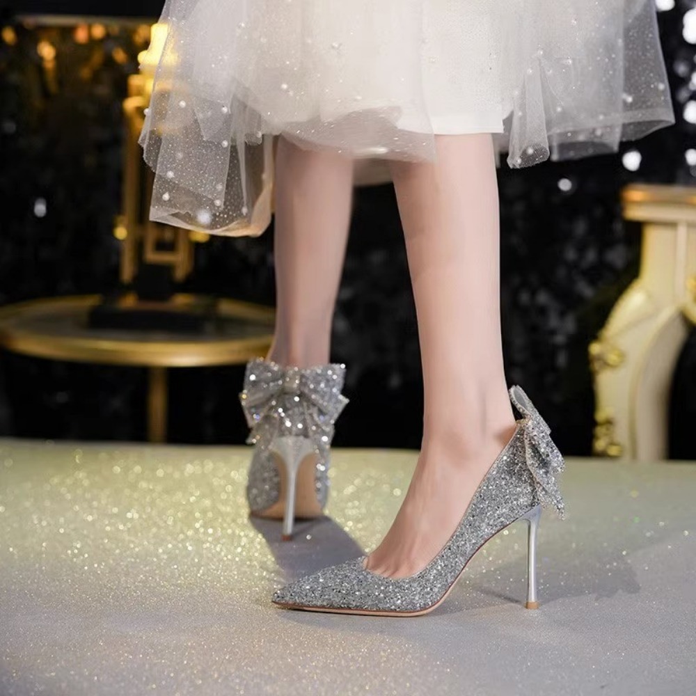 Bowknot Shiny Thin Pumps Women Slip-On Bg Crystal Party Woman Sexy New Pointed Toe Glitter High Heels Shoes 9edd