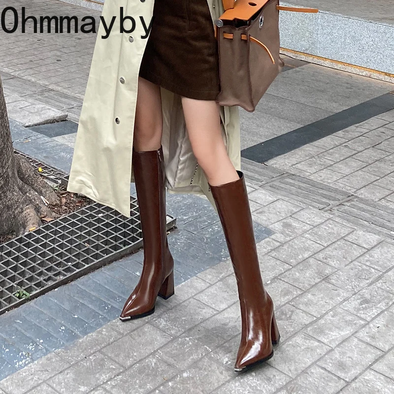 Luxury Women High Boots Fashion Pointed Toe Ladies Elegant Square High Heel Long Booties Short Plush Women's Footwear