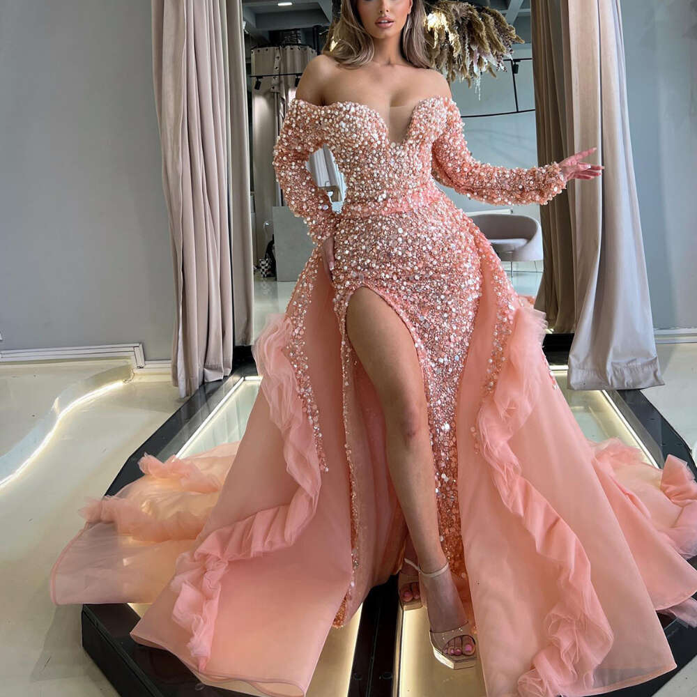 Mermaid Pink Evening Dress Sweetheart Neck Off Shoulder Prom Gowns Pearl Sequins Detachable Train Custom Made