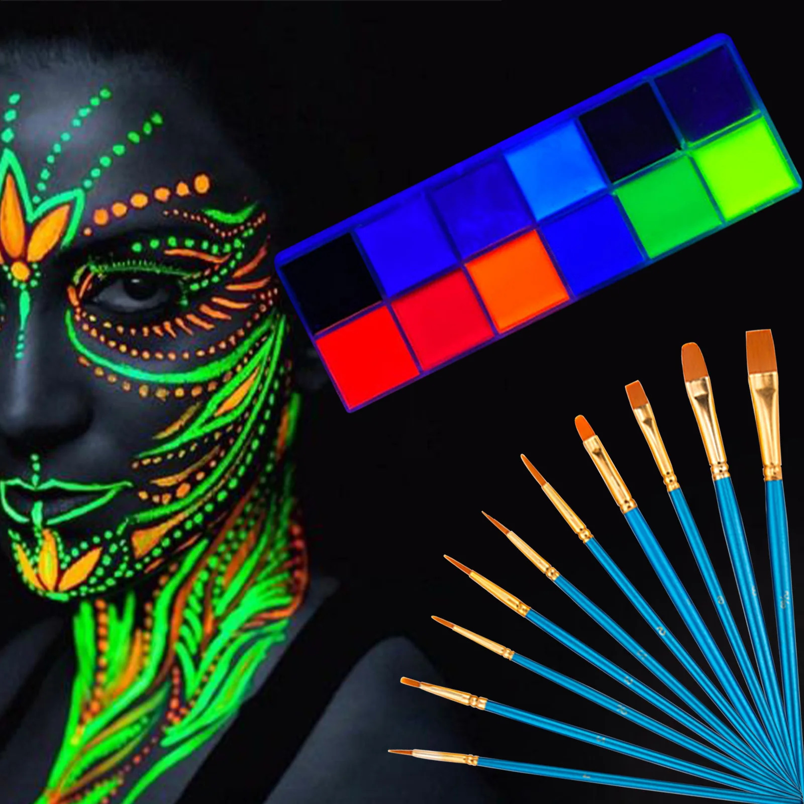 12 colors fluorescent paint with brushes and stickers and body art paint UV luminous fluorescent party beauty and makeup 240829