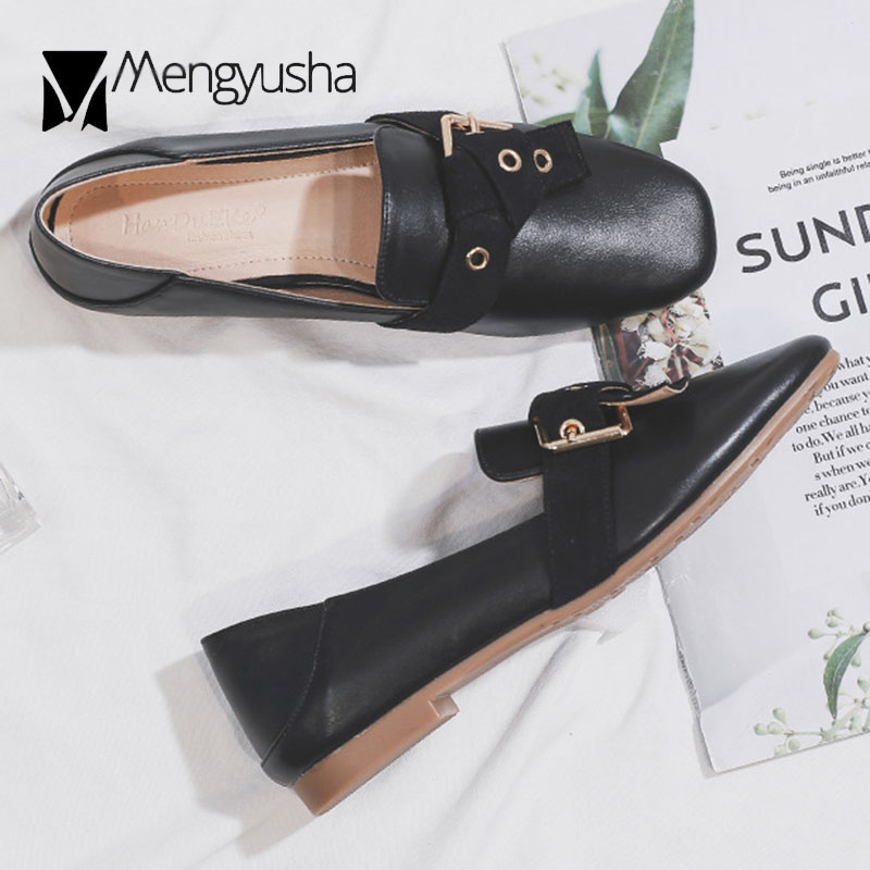 metal buckle 9f690 Studs Bow-knot loafers woman flats slip on moccasins large size 42/43 square toe small leather shoes for women