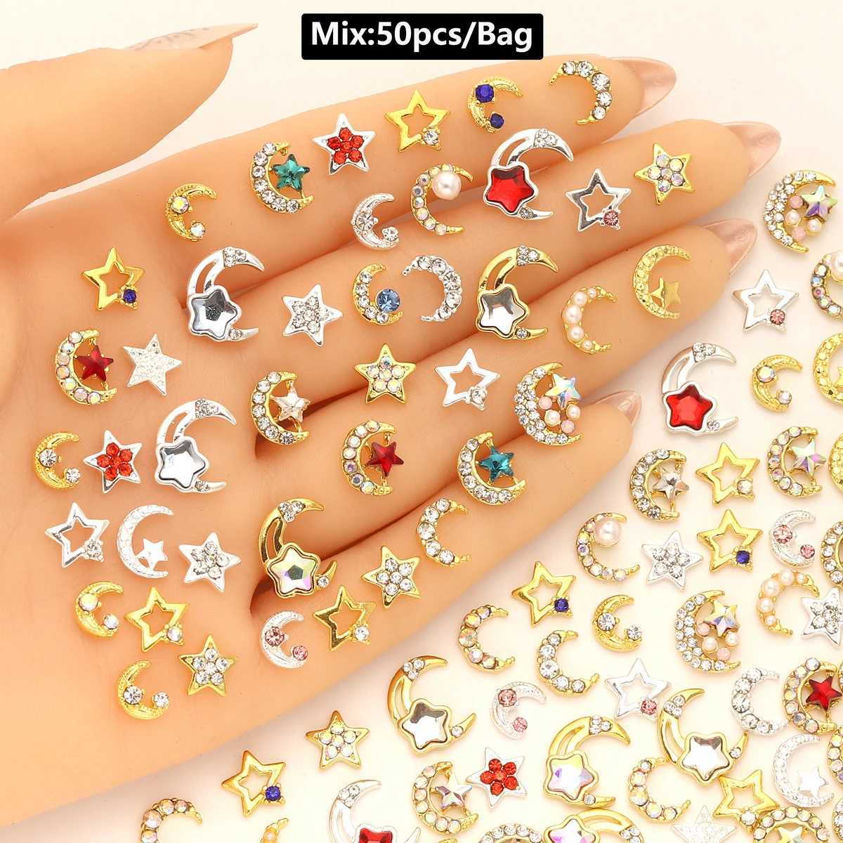 50 pieces/bag 3D luxury metal nail art decoration alloy shiny rhinestone pearl gemstone zircon diamond charm DIY nail accessories W240829