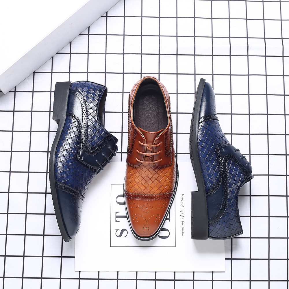 Men's Splicing Brogue Woven Grain Leather Dress Men Lace-Up Wedding Party Shoes Mens Business Office Oxfords Flats