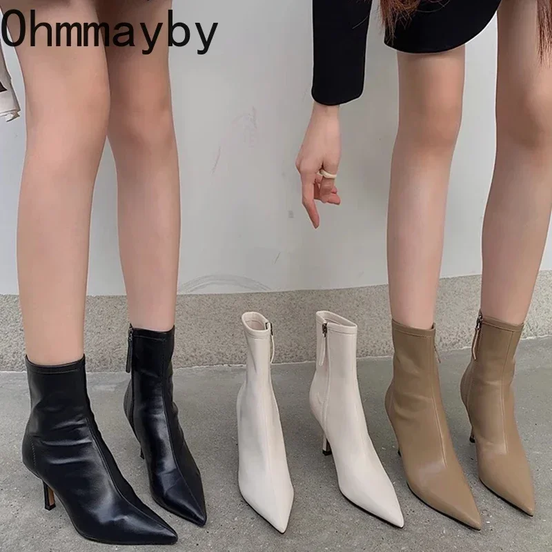 Toe Pointed Ankle Women Fashion Side Zippers Boots Female Slim Thin High Heel Winter Women's Short Plush Footwear faa2 's