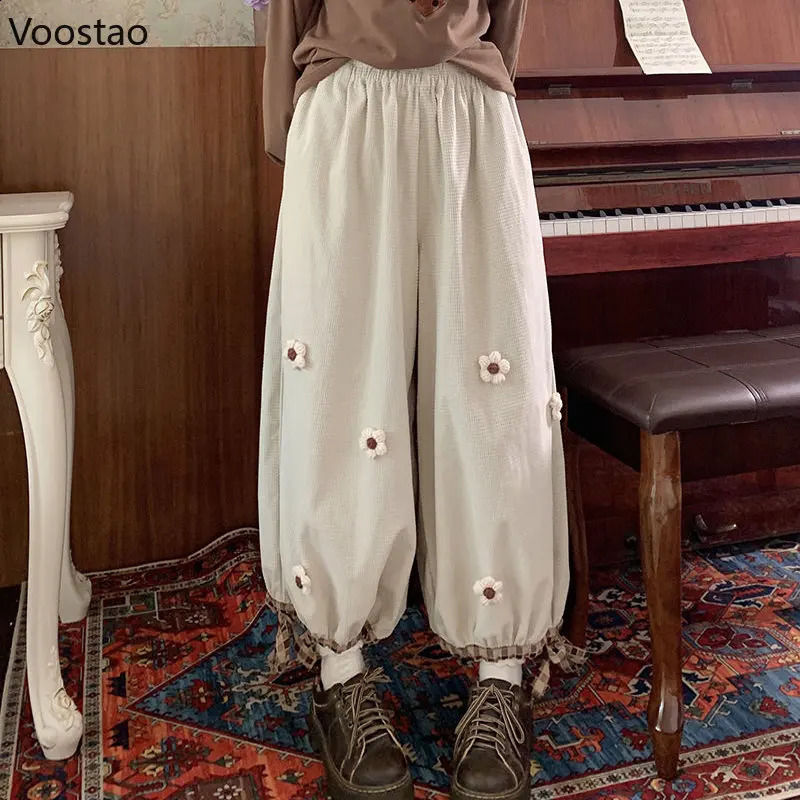 Japanese Sweet Flower Corduroy Wide Leg Casual Pants Women Vintage Cute Loose Trousers Girls Haruku Sweatpants Kawaii Bloomers 240829