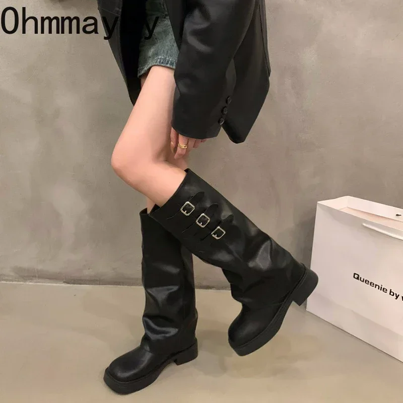 Winter 2024 Cowboy For Women Fashion Belt Buckle Long Boots Female Elegant Square Heel Women's Knight Bootties ef27 's