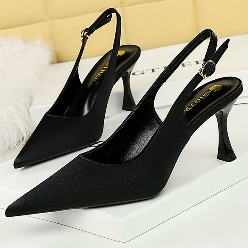 BIGTREE Shoes Women Sandals Pointed Kitten Heels Lady Summer Shoes Silks Satins Women Pumps Hollow Back Strap Heels Sandals 2023