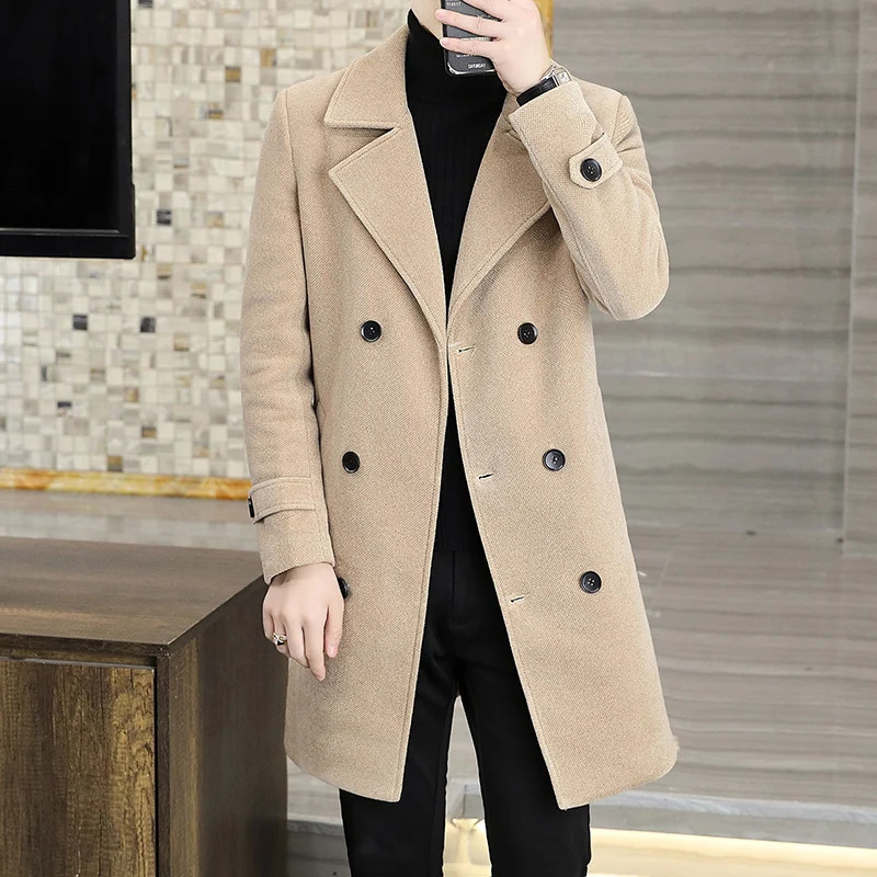Autumn Winter Mens Wool Coat Solid Color Medium Length Windproof Jacket Business Casual Coat Thick Warm Trench Jacket 240829