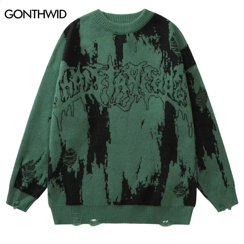 Hip Hop Ripped Sweaters Grunge Y2K Retro Knitted Punk Gothic Streetwear Jumper Mens Harajuku Fashion Pullover 240829