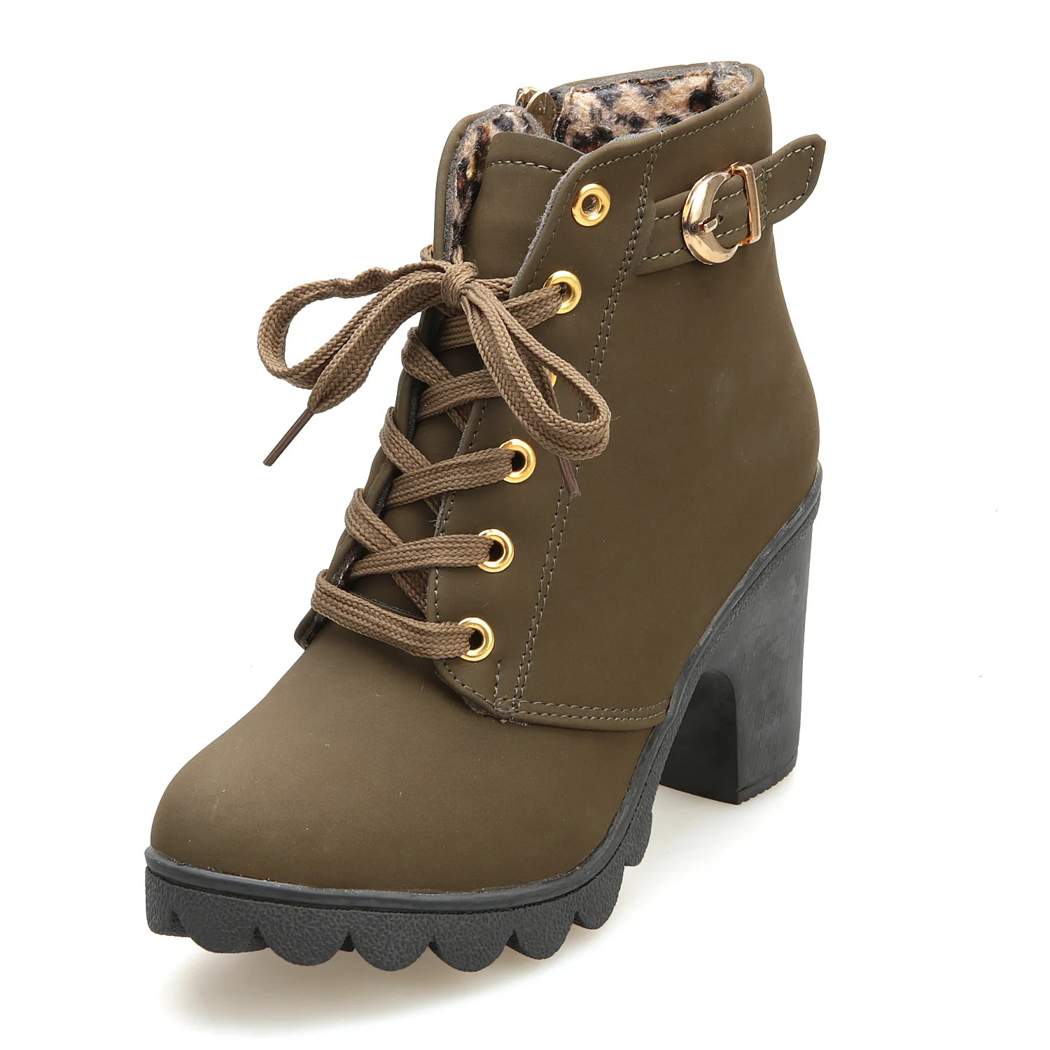 Women Fashion High Heel Lace Up Ankle Boots Ladies Buckle Platform Artificial Leather Shoes bota feminina2021