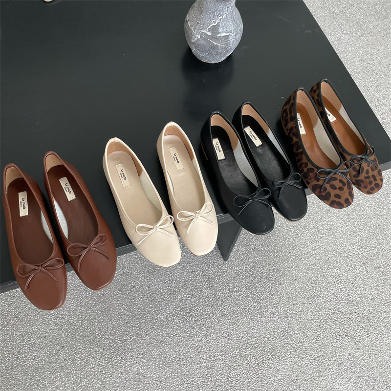leather 30be9 soft bowtie moccasins round toe foldable shoes casual design leaopard slip on loafers women comfy ballet flats