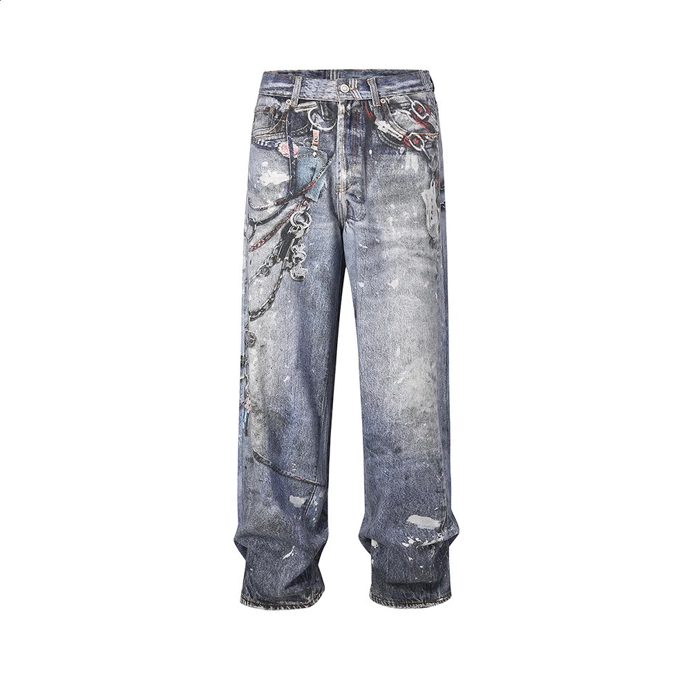 High Street Chain Print Frayed Washed Baggy Jeans for Men and Women Y2k Casual Loose Denim Trousers Ropa Hombre Pants 240826Z