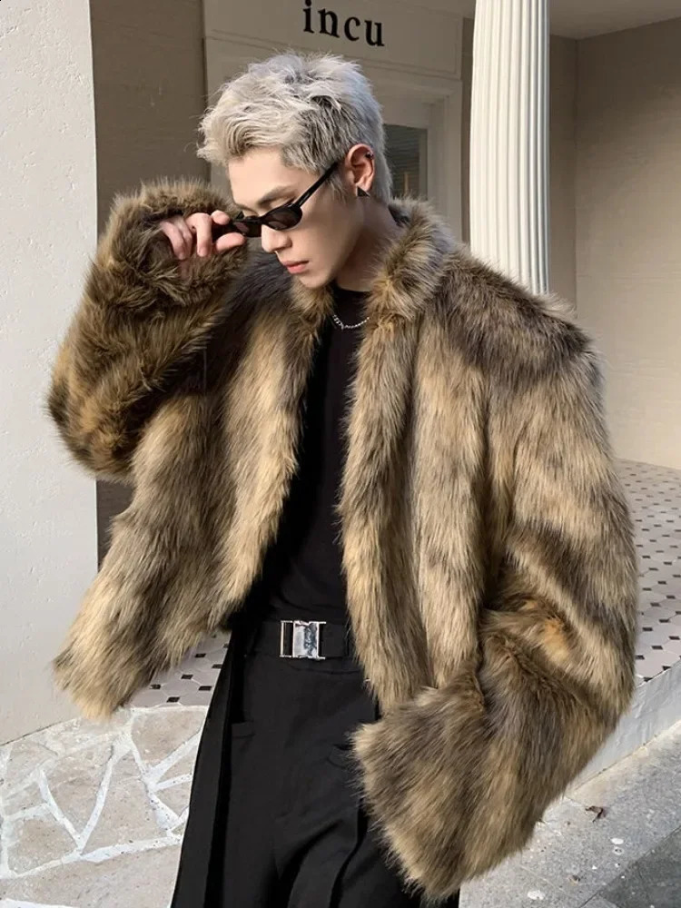 Korean fashion fox hair mens jacket street silver fox fur short thick casual winter street clothing warm faux fur coat 240912
