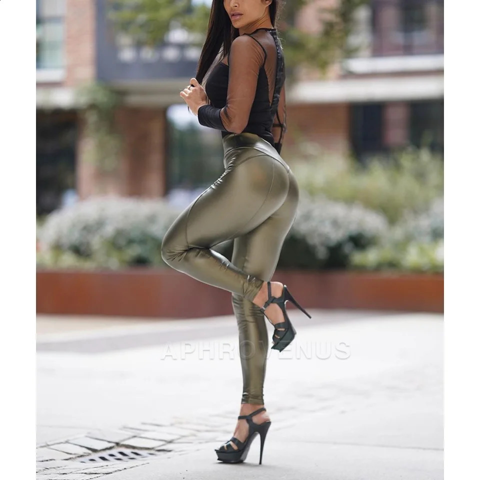 Fashionable black PU leather pants for women mid waist tight fit push up leg high elasticity pants sexy tight corset 240829