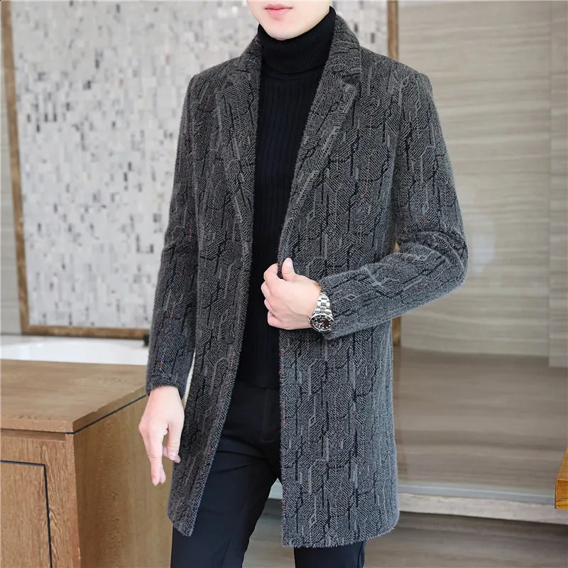 High quality autumn and winter mens mid length wool jacket business casual thick striped coat warm and windproof jacket 240829