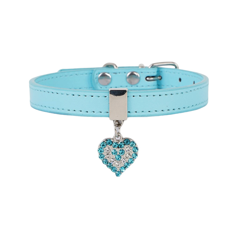 Leather Pet Collar Adjustable Dog Collar with Rhinestone Heart Charm Strong Durable Metal Buckle Dog Collar for Small Medium Dog