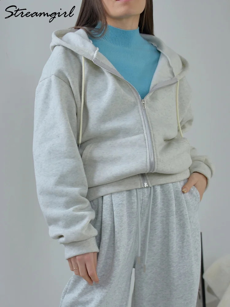 Streamgirl Short Hoodie Womens Zipper Oversized Jacket Spring Grey Sportswear with Cotton Top 240827