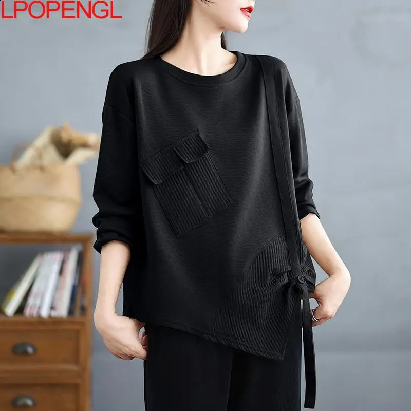 Fashionable womens Korean solid color irregular long sleeved sportswear Tshirt autumn edition loose zipper Oneck retro top 240827
