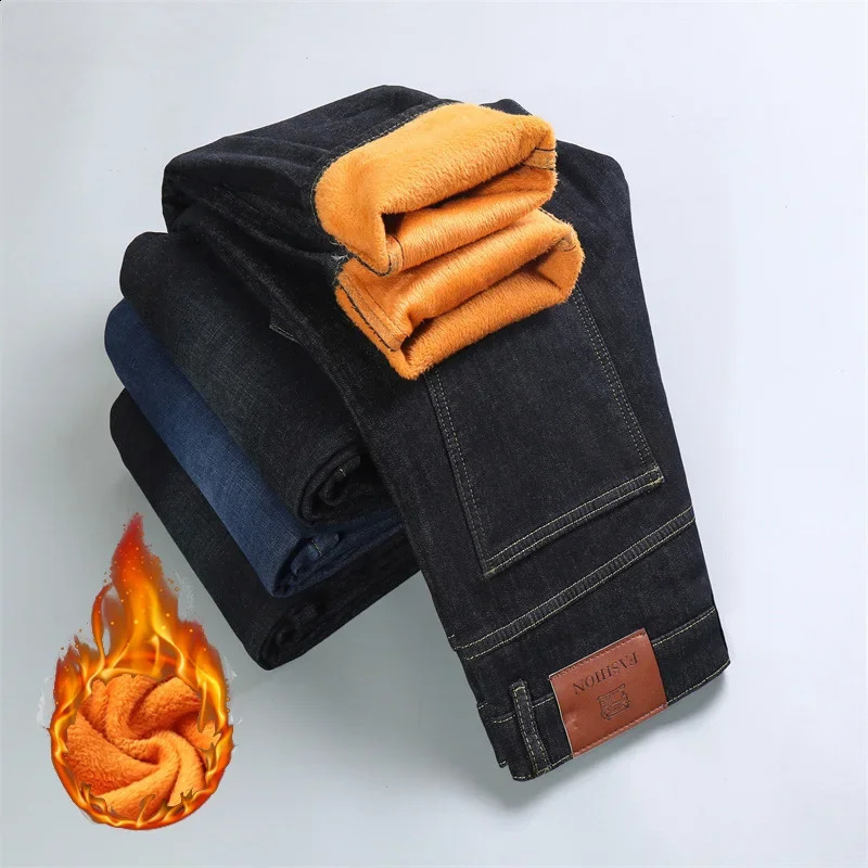 Winter Men Warm Thermal Brushed Cowboy Grey Jeans High Quality Male Fleece Stretch Slim Fit Pants Thick Velvet Trousers 240826Z
