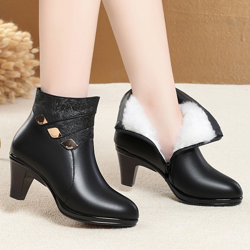 Winter 2025 New Genuine Leather Dress Women Fashion Mid-heel Wool Warm Women's Ankle Boots size EU35-40