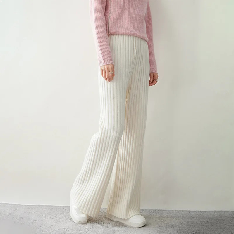 Womens fashionable autumn and winter cashmere wide leg pants 7needle double rope thick knitted straight 240827