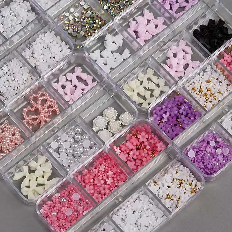 1 box of Kawaii resin bow 3D cute nail art decoration mixed with pink and white pearl heart nail charm design DIY bow nail W240829