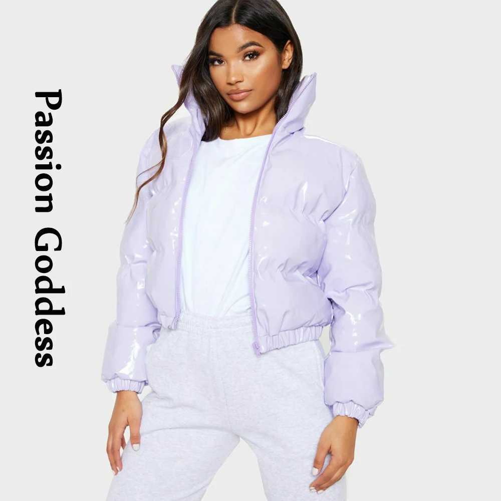 Women's Down Parkas Autumn Winter Women Bright Leather Puffer Jackets Warm Loose Cute Bubble Coats Parkas Down Stand Collar Solid Color Parkas XX