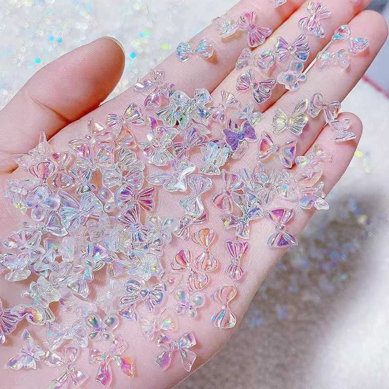 50 pieces of Aurora Bow Nail Art Decoration 3D Sparkling Charm Transparent Jelly Bow Water Diamond DIY Hand Tool Parts W240829