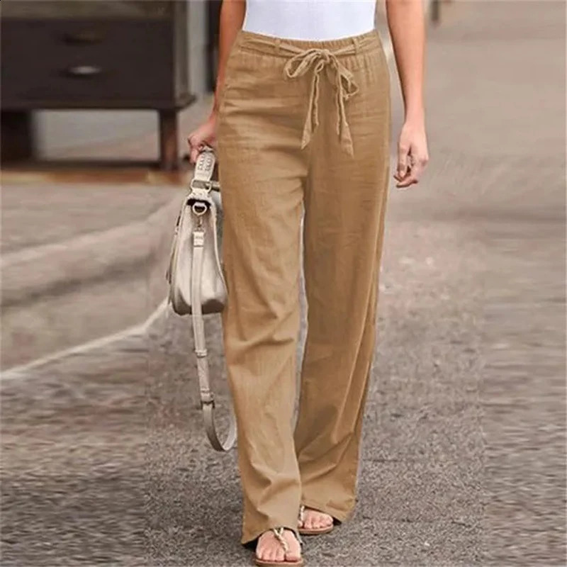 Women Cotton Linen Pants Summer Fashion Elastic Waist Loose Straight Pants Female Casual Solid Color Ankle-length Trousers 240829