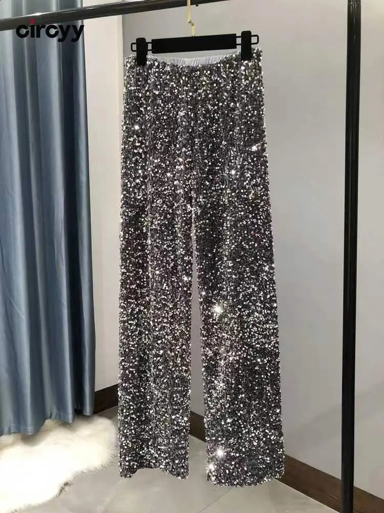 Circyy Y2k Womens Elastic Waist Shining Wide Leg Trouser Full Length Straight High Street Fashion 240827