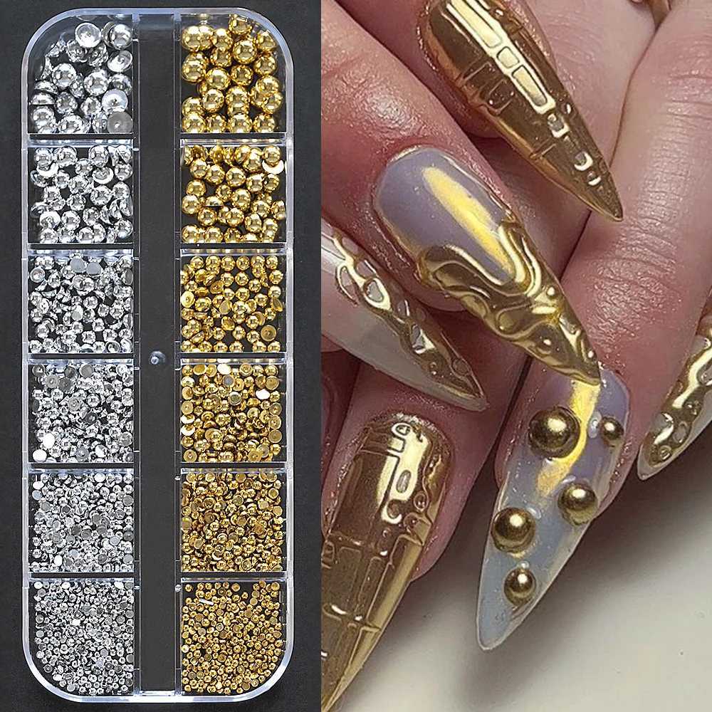 12 Grid/Box Round White Pearl Nail Bead Charm Half Round Gold/Silver Pearl Gem DIY Flat Back Nail Art Decoration ## W240829