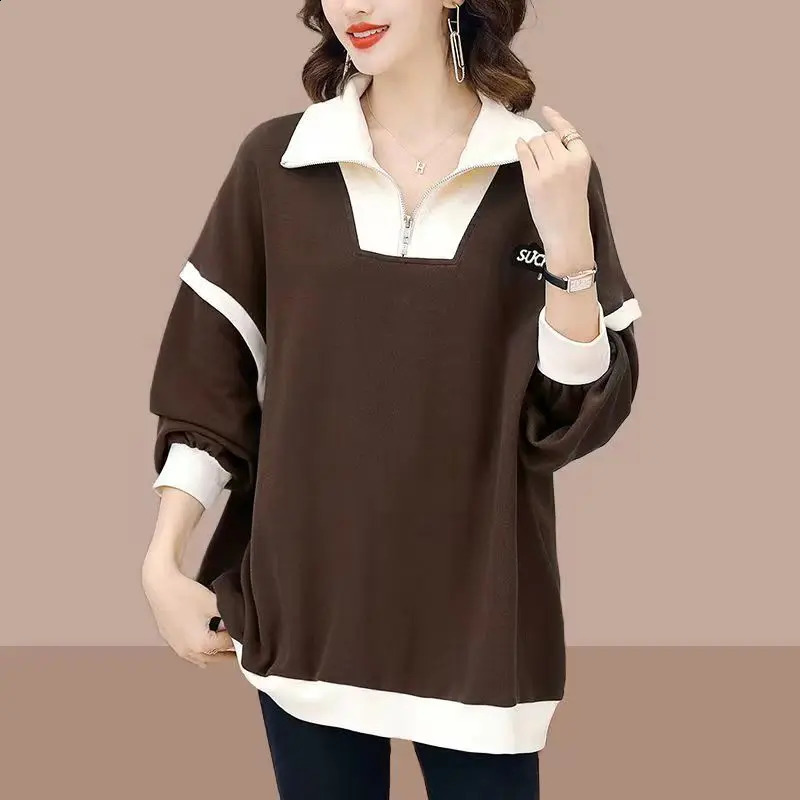 Womens fashion patch work casual street clothing oversized sportswear womens decal half zipper long sleeved top 240827