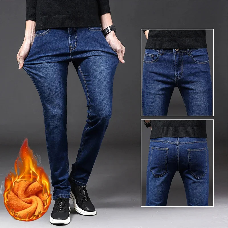 Winter Men Warm Thermal Brushed Cowboy Grey Jeans High Quality Male Fleece Stretch Slim Fit Pants Thick Velvet Trousers 240826Z