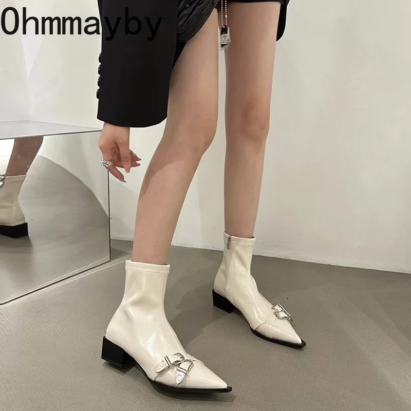 Ankle Winter Boots Fashion Pointed Toe Short Botas Ladies Elegant Square Low Heel Metal Decoration Women's Footwear 41cc