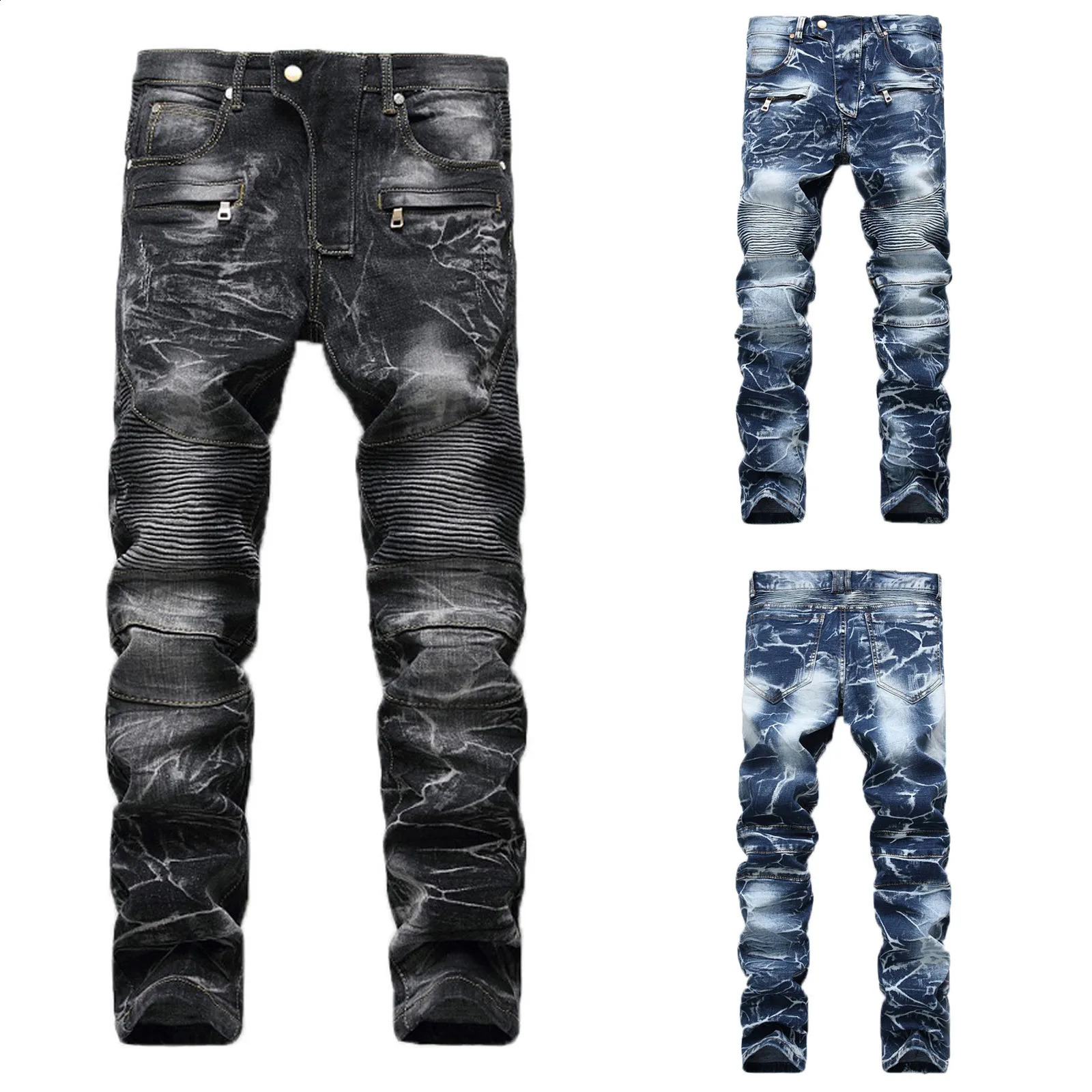 MenS Vintage Jeans Hole Denim Fold Wash Work Frayed Trousers Basic Pants For Man Button Casual Trouser 240826Z
