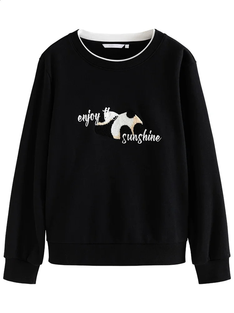DUSHU 877% pure cotton womens round neck casual straight sweater front shoulder commuting winter black fully matched printed top 240827
