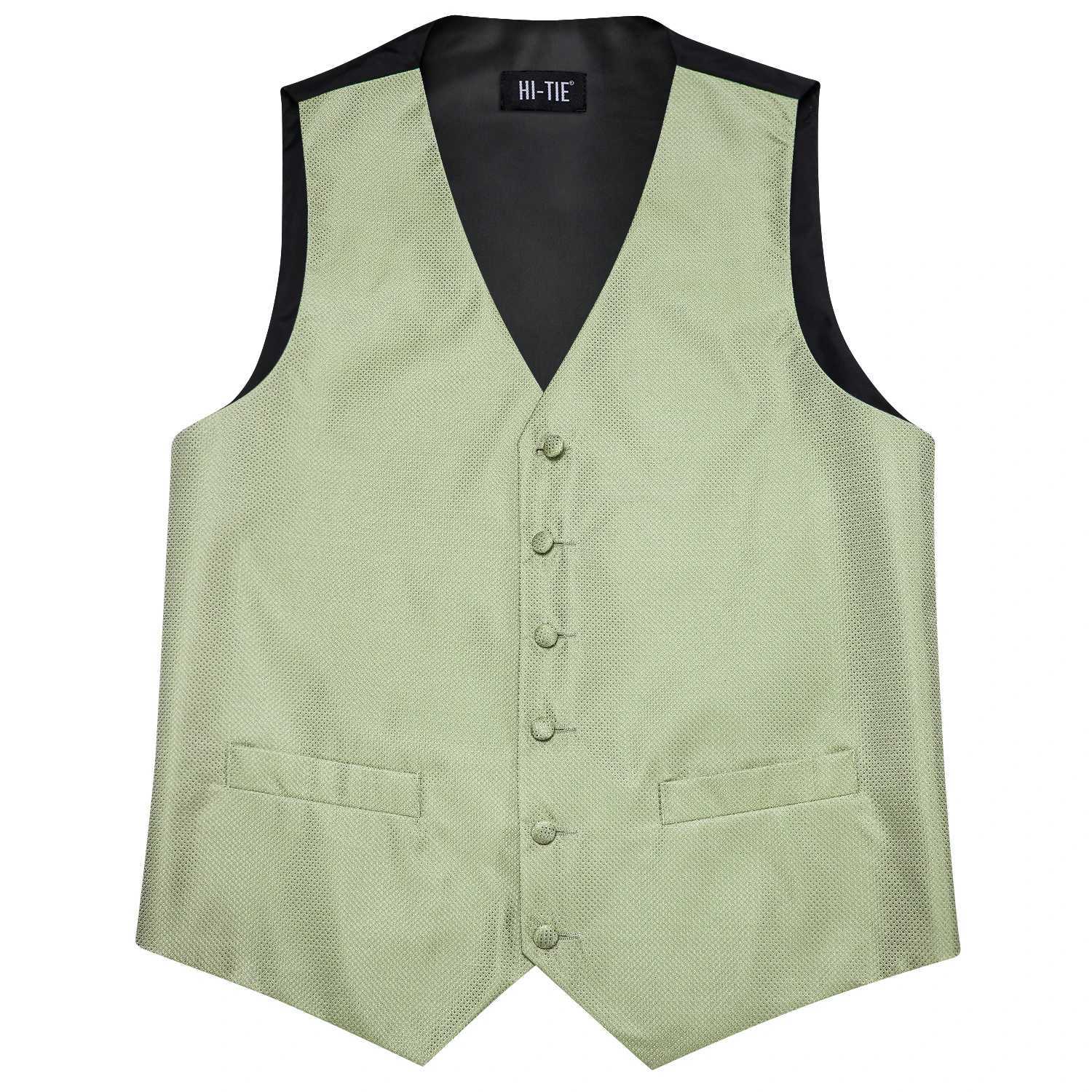 Hi-Tie Silk Mens Suit Vests 4PC Woven Sage Green Solid Waistcoat Tie Pocket Square Cufflinks Business Wedding Dress Waist Jacket Y240830