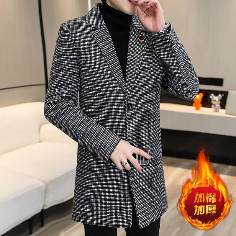 autumn and winter mens wool jacket long and thick coat slim fit casual business wool blend coat street mens clothing 240829