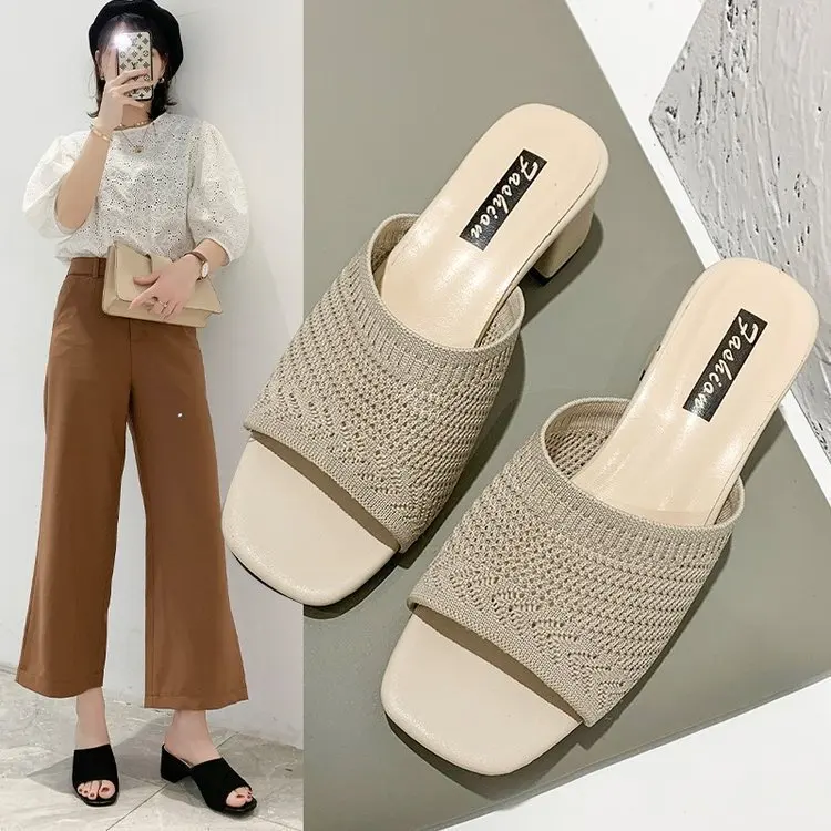 2022 summer Closed Toe Comfort Fashion Fly Weave Outdoor Sandals Women Medium Heel Slippers